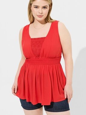TORRID red babydoll top crinkle gauze fabric crocheted lace panel Sz 1 or 1X